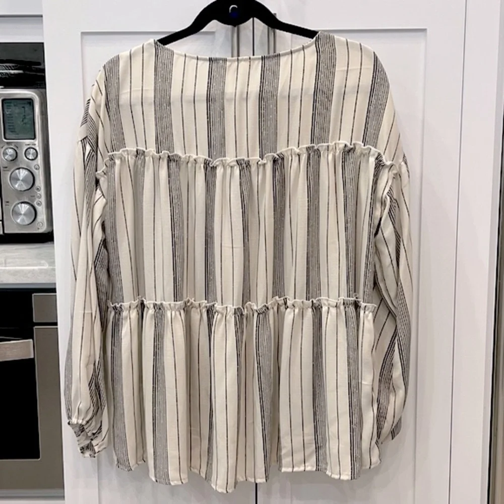 ODDY Beige with Black Stripes Peasant Style Top - Picture 7 of 7